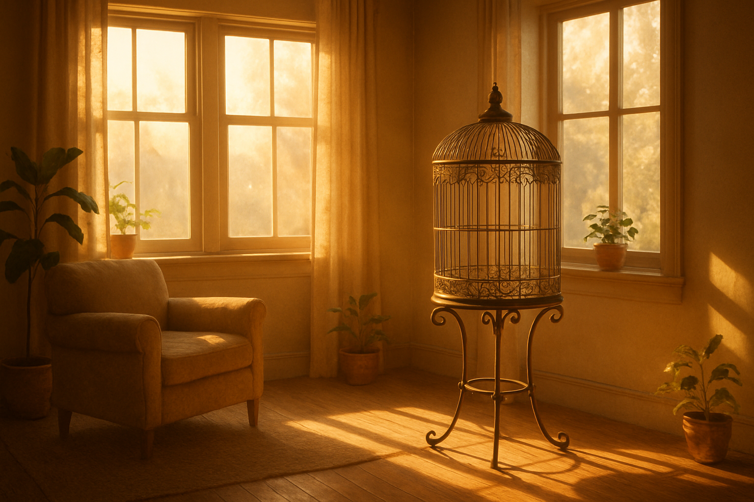 A peaceful, morning lit room with a large, empty bird cage.
